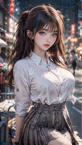 1girl, (white shirt, red pleated skirt, tulle), (short hair), (blue hair), ((big breasts: 1.2)), (upper body), close-up, ear hook highlights, sitting on the sofa, in a cafe ,café, (surprised: 1.5), angry, looking at the viewer, ((partially unbuttoned: 1.2)), (button gap: 1.5), bra visible through clothes, (open clothes), 1 Korean girl, Double exposure, real person, color splash style photo, Beautyniji, young beautiful spirit,milf