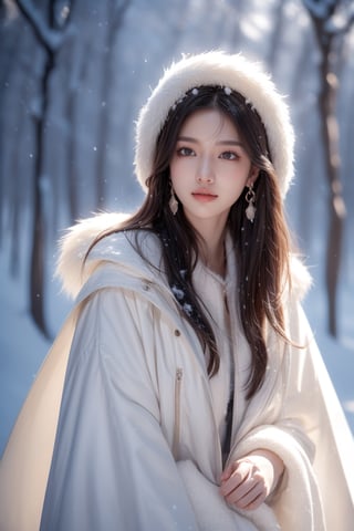 background is night,snow covered forest,snow storm,bonfire,a hunter,
20 yo, 1 girl, beautiful korean girl,sit aside of bonfire,warm at the fire,
wearing hunter cloth(fur),cape, smile, solo, {beautiful and detailed eyes}, dark eyes, calm expression, delicate facial features, ((model pose)), Glamor body type, (dark hair:1.2), simple tiny earrings, flim grain, realhands, masterpiece, Best Quality, 16k, photorealistic, ultra-detailed, finely detailed, high resolution, perfect dynamic composition, beautiful detailed eyes, eye smile, ((nervous and embarrassed)), sharp-focus, full_body, cowboy_shot,