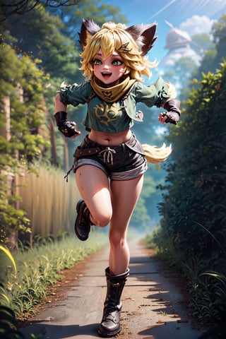 a girl with YELLOW cat ears and WHITE tail, smile, bangs, blonde hair, hair ornament, tights, gloves, animal ears, green eyes, short sleeves, :d, boots, outdoors, shorts, teeth , day, black gloves, hair clip , diaphragm, fingerless gloves, tree, leaf, black gloves, yellow (((RAYS RUNNING THROUGH YOUR BODY))),(((CUTE))), running, particles, wind, mobile legends,
skin, realistic,(((FULL BODY))
photon mapping
more details
16k, HDR, cg, 3d, maintains maximum image details, photography, high resolution, Anti Aliasing,