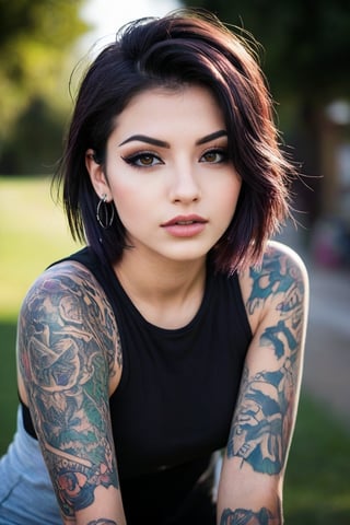 Alejandra, face, sexy, dark hair, short hair, alt style, tattoos, petite, slim, thin lips, eyeshadow, lashes, ripped outfit, pants, college student at campus