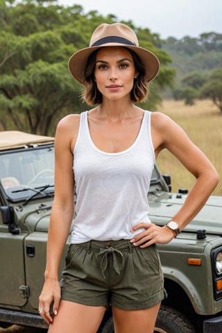 (35 year old), typical French woman, brunette, short hair, elegant, rich, chic, wealthy, fashionable, French beauty features, in African Safari, wearing shorts and a tank top, hat, elegant, femenine, chic, unwashed hair, 