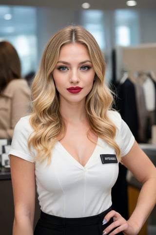 French, 25 years old, sales representative at department store, long blonde hair, wavy hair, Full lips, lipstick, eyeliner, Effortlessly Chic, tight uniform, low cut, low cut, name tag