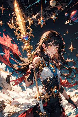 A girl wearing star guardian clothes, long fantasy-coloured hair, yellow eyes holding a white sceptre with a sphere surrounding the sceptre, in a galaxy of planets,midjourney,ASU1