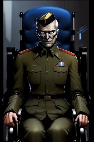 man with an armed face, in a military uniform and in a wheelchair and a robot arm