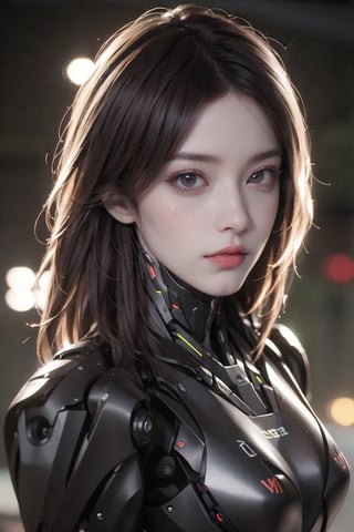 1girl,Sweet,Kawaii,half body portrait,looks at viewer,large breasts,Glowing technology eyes, medium hair, lying, upper body, from above, top view, plugged to a machine, cyberpunk, wires,  mechanical prosthesis, mechanicals arms, cyberpunk theme, dark theme, neon, lights, screen ,fan, cybernetic implant, cyborg, robotic arms, robotic,egyptian,robot