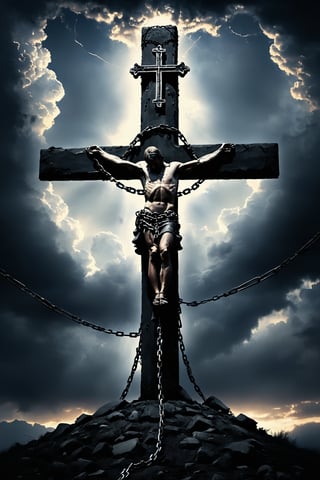  A depressing man, a hellish landscape, depressing dark tones, the man chained to a huge, heavy steel cross, the cross sticking up into the sky with no head in sight! A cross full of class, many thick and ancient chains loosely wrapped around the steel cross, at the top is heaven at the low end is hell