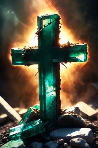  a buried broken emerald cross glazed by the sun emitting smoke, backlit, forgotten, atmospheric AF, detailed, 8k , ,