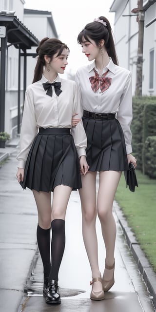masterpiece,extremely_absurtiy,nsfw,nude,tree,morning,walking togther,alley,multiple girls,2girls,bag,smiling,house,skirt,clothes around waist,school uniform,scrunchie,ponytail,smile,brown hair,bow,shirt,bowtie,shoes,school bag,looking at another,white shirt,blush,white_stocking,outdoors,hair scrunchie,pleated skirt,hair ornament,brown footwear,long hair,standing,bangs,collared shirt,black bow,black bowtie,yuri,sleeves rolled up,sweater around waist,black hair,shirt,black skirt,;\,,ruanyi0249