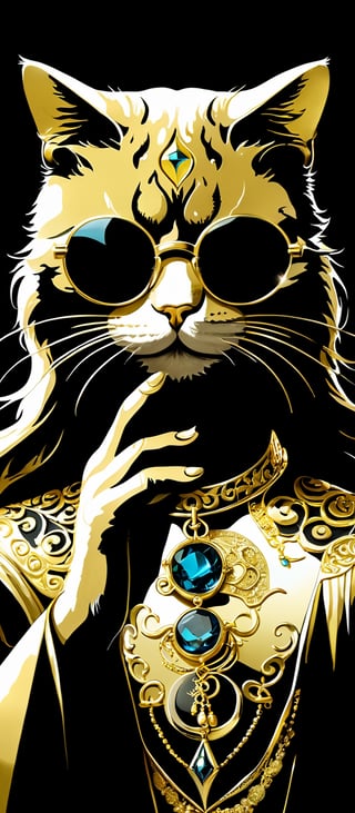 long hair cat man, A closeup of fantastical image of a cat man wear glasses and wears a gold-plate dress, black glasses, clad in flowing, flowing full gold-plate dress, wielding an jewellery ornate, ornate jewellery, Their face are filled with power and determination, as they wield the jewellery n a fluid, holding glasses to face, in a gold-plated room, looking at viewer, dynamic motion,