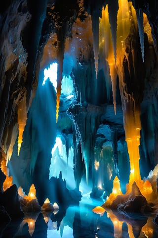 A hidden world of shimmering stalactites and stalagmites casts an ethereal glow, reflecting off the still, clear pool at the heart of this mystical crystal cavern. Dripping water creates delicate music, whispering ancient secrets as sunlight filters in through the rare crystalline formations on the cave's entrance.