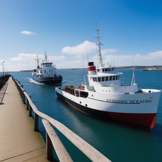 outdoors, sky, day, cloud, water, english text, blue sky, no humans, ocean, watercraft, ship, boat, warship, pier, dock, a fishing boat docked at a pier.