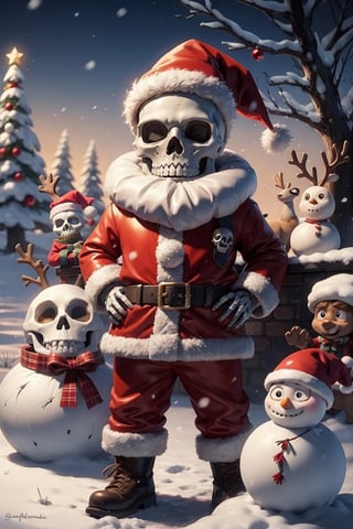 santa costume, skeleton, santa hat, dress, skull, tree, flower, snow, fur trim, glowing, bow, sky, outdoors, belt,Santa Clause and reindeer with snowman, snowing Christmas day 