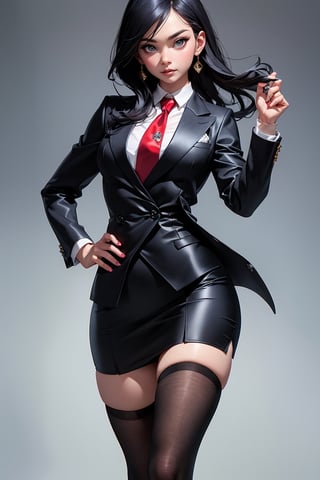 (A beautiful 25 years old Asian Hitwoman), (wolfcut black hair), (pale skin), (serious face), skirt suit, (((three-piece suit))), (((dress shirt))), (((necktie))), blazer, (((red suit jacket))), black shiny lapel (((waistcoat))), double-breasted waistcoat, (((bodycon miniskirt))), pencil skirt, tights, pantyhose, pocket square, tie clip, cufflinks, dynamic pose, ambient lighting, photo realism, intricate face detail, intricate hand details, highly detailed, vibrant colors, cinematic, high definition, simple background, on hands and knees, , aroused,
