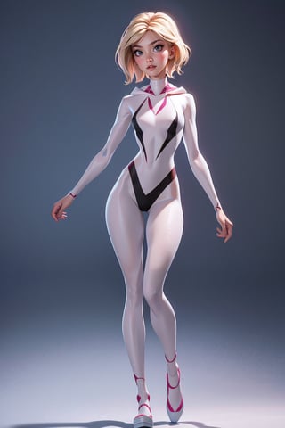 masterpiece, best quality,3d rending work ,3DMM style, pro photography, 3D,1girl, solo, gwen stacy, looking to the side, large breast, realistic, full body, simple background, bangs, looking away, choker, makeup, lustful look,spidergwen