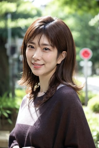 big smile, Best quality, raw photo, photorealism, UHD, lifelike rendering, (upper body portrait:1.2), Photo of stunningly Beautiful japanese milf, stunning, medium dark brown hair, natural large breasts, curvy figure, long-legged, pale skin, skin pores, daily outfit, fitted knit sweater, sharp focus, smile, gaze at viewer, from below, closed to up, thighs focus, detailed eyes, exquisite facial, detailed real skin texture, detailed fabric rendering, daylight, ray tracing , sawaguchiyasuko, koizumikyoko, big breasts,ogurakumiko,shiotareiko