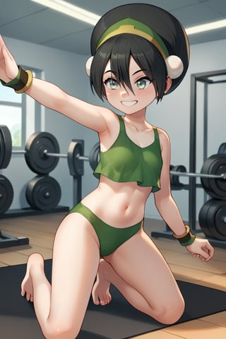 score_9, score_8_up, score_7_up, score_6_up, score_5_up, score_4_up, BREAK, source_anime,
gym, indoor, toon
1girl, solo, toph, bangs, black hair, blind, grey eyes, hair between eyes, hair bun, hairband, short hair, smile, 
cute, female, loli, child, cute eyes, beautiful eyes, perfect body, curvy, sexy, barefoot, perfect face,

dancing, leotard, dinamic pose, (crop top), cowboy shot