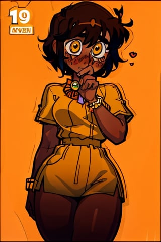 (Perfect body), Best Quality, (blush), (short hair), Dark Skin,  ((thick thighs)),  Tomboy,  shy,  freckles,  black hair,  brown eyes,  tan skin, veronica,  cover,  good fingers,  good hands, best eyes, round pupil, hearts, nervous, yellow dress, retro,1990s \(style\), tout dress