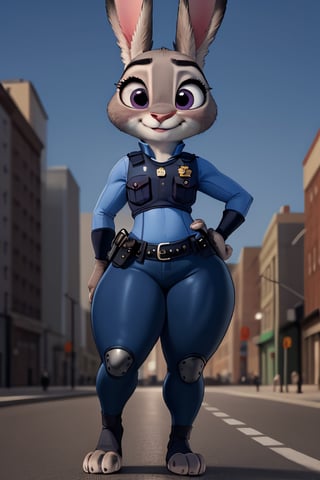 chibi, rabbit, fursona ,furry, wide hips, chubby, flat chest, tiny, bunny, curvy, thick thighs, police, leggins, full body, ears-down, (best quality), furry female anthro judyhopps, portrait, police uniform, full uniform, rabbit tail, police belt, police badge, blue pants, smile, purple eyes, body fur, ( urban city background), pixar style, good eyes