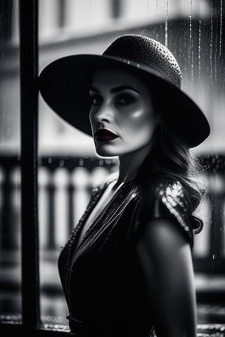 A hauntingly beautiful,((black and white)),portrait,film noir-inspired photograph of a mysterious,beautiful woman,standing in front of a dimly lit,rain-soaked alleyway. BREAK
She's wearing a tight (red) dress,lipstick and long gloves,her features obscured by a striking,wide-brimmed hat,casting eerie shadows across her face. The rain drops on the windowpane behind her blur the scene slightly,adding to the moody,atmospheric feel of the image.,
high contrast,cinematic lighting,8k,RAW photo,highest quality,,