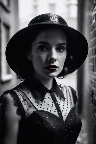 A hauntingly beautiful,((black and white)),portrait,film noir-inspired photograph of a mysterious,beautiful woman,standing in front of a dimly lit,rain-soaked alleyway. BREAK
She's wearing a tight (red) dress,lipstick and long gloves,her features obscured by a striking,wide-brimmed hat,casting eerie shadows across her face. The rain drops on the windowpane behind her blur the scene slightly,adding to the moody,atmospheric feel of the image.,
high contrast,cinematic lighting,8k,RAW photo,highest quality,,photo r3al,Extremely Realistic