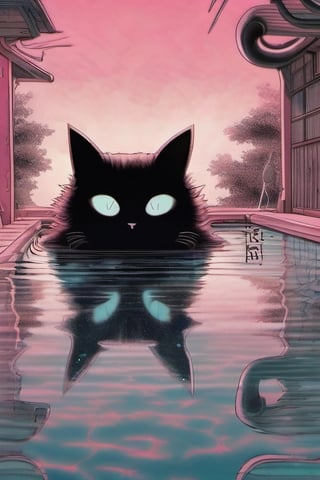 horror manga by Junji Ito,  Adorable cat in bliss, Pool of pink feathers, Warm and soft color palette, Energetic brushstrokes, Diffused glow, Playful and vibrant atmosphere