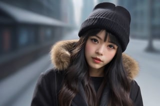 1girl, solo, long hair, looking at viewer, bangs, black hair, gloves, long sleeves, hat, holding, closed mouth, jacket, upper body, black eyes, lips, realistic, nose, beanie, planet