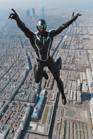Airon man is a flying on city. In a video 