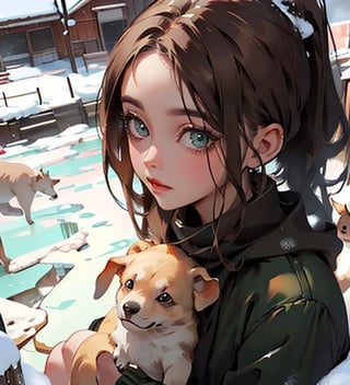 A pencil illustration featuring a female character wearing a green dress, lovingly cradling a dog in her arms amidst a snowy backdrop. Her brown hair is neatly tied in a ponytail, and her friendly gaze is directed towards the viewer, inviting them to share in the heartwarming moment. The illustration conveys a sense of tranquility and companionship., by Nadya Rusheva, by Nina Petrovna Valetova,Pencil illustration, Headshot, Pale Colors, Cinematic Lighting