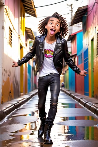 Confident 16-year-old Brazilian boy poses in Rio de Janeiro Favela, warm sunlight illuminating his joyful face with a comical expression: wide-open mouth, pink tongue sloping to the side. Sleek leather jacket and undercut spikes frame wet hair. He sports black leather jeans and boots, energetic vibe popping against vibrant Favela backdrop. Fit, slim physique showcases defined muscles in action.