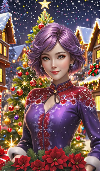 Christmas Carols, singers ((5 people epiphany singers christmas)) holding the christmas partiture standing in the christmas village)), happy, expressive eyes, snowflakes, Christmas tree and gifts, full body, (masterpiece, top quality, best quality, official art, beauty and aesthetics: 1.2), (abstract, fractal art: 1.3), colorful purple hair, Highest details, detailed_eyes, fire, water, ice, lightning, light particles, Christmas style clothing, Christmas tree, string of Christmas light bulbs, Christmas red flowers, beautiful lines, determined eyes, flowers, detailed face, detailed eyes , brilliant blooming flowers and romantic lights as the background, presents everywhere,3D