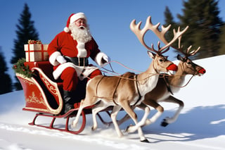 (masterpiece, photo realistic, ), Santa on reindeer sleigh, speeding down a snowy hill at high speed, amazing scene, spectacular!!! , photo r3al, Kodak gold 400