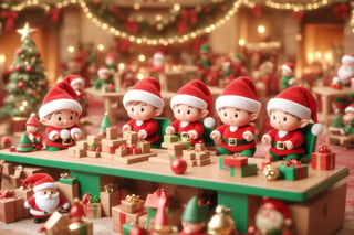 One Santa and three Christmas elves sitting behind tables and building toys in Santa's workshop. Piles of toys in the background. Cute, rosy cheeks, pointy ears, elf hat and clothes. Red, green, and gold colors. In the background Christmas atmosphere.