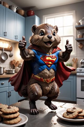 A cute beaver wearing superman cape, jumping into action, (thumbs up), kitchen background with plates of cookies everywhere, cinematic lighting, dramatic, magestic, masterpiece