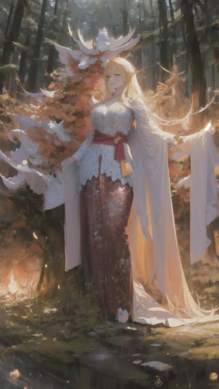 Young woman with long flowing hair standing gracefully in a mystical forest, surrounded by glowing fireflies, ethereal lighting, fantasy, elegant, digital painting by Alice X. Zhang and Lois van Baarle, artstation showcase, high resolution,kebaya,poakl, looking_at_viewer,kebaya indonesia