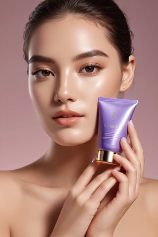 best quality, 8K, highres, masterpiece), ultra-detailed, lifestyle photography capturing a model holding a luxury skincare cosmetic product for an e-commerce thumbnail or product detail page. The model, with a radiant and healthy complexion, embodies elegance and confidence. They are holding the skincare product of purple color gracefully in their hands, positioning it to highlight its sophisticated design and the brand's logo prominently. The product itself has a sleek, modern look with metallic accents, and the model's interaction with it suggests its importance and effectiveness in a beauty routine. The background is minimalist and clean, ensuring the focus remains on the model and the skincare product. This setting not only showcases the product but also connects it with the lifestyle it promotes, inviting viewers to envision the luxury and quality of the skincare experience. The image is crafted to engage and inspire, emphasizing the product's appeal through the model's presentation and the subtle yet impactful visual storytelling.

