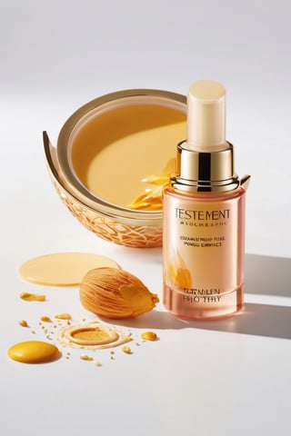 (best quality,8K,highres,masterpiece), ultra-detailed, studio photography of a luxury cosmetic skincare product against a pristine white background. The product is meticulously arranged to showcase its pancy layers of bright color.  Each part is captured with precision, highlighting its texture, color, and freshness. The clean white background provides a minimalist backdrop, This studio photograph is a testament to the artistry of food photography, inviting viewers to savor every detail of the delectable cosmetic product.