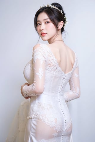 full body shot, full body shot, wide angle shot, cute girl in beautiful white wedding dress, polaroid photo, full body shot, full body, dynamic pose, (girl in suit, thin nose), (wearing beautiful white wedding dress:1.9), very black Long hair, (ponytail hairstyle: 1.4), (anxious face: 1.3), (Agao face: 1.1), (blush: 1.4), (real skin), (wedding background: 1.8),High quality texture, intricate details, detailed texture, High quality shadow, a realistic representation of the face, Detailed beautiful delicate face, Detailed beautiful delicate eyes,a face of perfect proportion, Depth of field, perspective,(big eyes:0.8), perfect body,distinct_image, (finely detailed beautiful eyes and detailed face), light source contrast,photorealistic, realistic,// realistic skin, slim waist, small hight, slim body, (huge breasts:1.2),(gigantic breasts:1.3),(pureerosface_v1:0.5) , (ulzzang-6500-v1.1:0.5),asian girl,ahg, side,kebay4