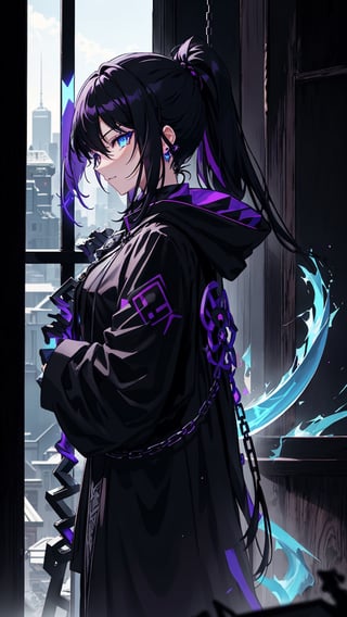 ,//Quality,
Masterpiece, Best Quality, Detailed, (Depth Of Field:1.2), Depth_Of_Field, Light Particles
,//Character,
1girl, Solo, Pissed Off Facial, Light Smirk, Black Long Hair, ((Black Hair Colour)), From Side, Black_Black_Purple Hair, Shiny Hair, Blue Eyes, ((Blue  Eye)), blue Eye Colour, Bangs, Medium Chest
,//Fashion,
Blue Spade Earring, Black jacket, Purple_Purple_Black Jacket, Black Hoodie, Purple_Purple_Black Witch Robe, Black_Black_Dark Chains, (Black_Black_Dark Chains)), Draped In A Jacket Crafted Entirely From A Myriad Of Black_Black_Dark Chains, Black Chains
,//Background,
Watching Out Of Window To Mecha City
,//Others,
Holding Blue_White Fire Magic, Black_Black_Dark Chains, Forest Filled With Black_Black_Dark Chains, Void volumes, Modern,shinobitech,Holdingsword,((scythe))