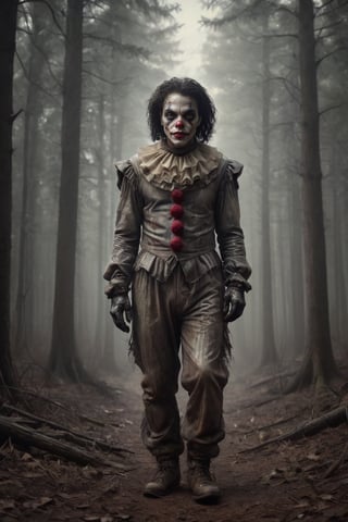 Potrait, a Michael Jackson as Killer Clown, in the middle of the forest, decay process, fog, scifi horror film, Dreamy Surreal, scp087, film, sunlight, detailed textures, highly realistic 66mm film analog photography, night, grainy, color, highly detailed and intricate, exquisite detail, epic, dramatic, cinematic lighting, high contrast, photo realistic, haze film grain effect, stylish makeup, horror scene.