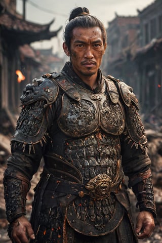 masterpiece, Indonesian man uppercut hair, with a sharp gaze, messy, shabby, torn, Sparks, light focuses on an object , destroyed city background, gothic vibes, intricate detail, depth of field, ultrasharp, 4k, Chinese_armor,more detail XL