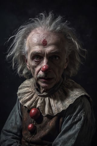 Potrait, a Albert Einstein as Killer Clown in the dark background, sharp gaze, angry face, decay process, fog, scifi horror film, Dreamy Surreal, scp087, film, sunlight, detailed textures, highly realistic 66mm film analog photography, night, grainy, color, highly detailed and intricate, exquisite detail, epic, dramatic, cinematic lighting, high contrast, photo realistic, haze film grain effect, stylish makeup, horror scene, side_view