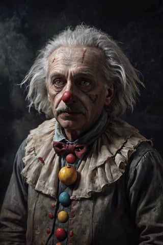 Potrait, a Albert Einstein as Killer Clown in the dark background, sharp gaze, angry face, decay process, fog, scifi horror film, Dreamy Surreal, scp087, film, sunlight, detailed textures, highly realistic 66mm film analog photography, night, grainy, color, highly detailed and intricate, exquisite detail, epic, dramatic, cinematic lighting, high contrast, photo realistic, haze film grain effect, stylish makeup, horror scene, side_view