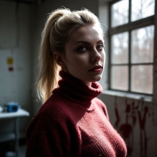A stunning portraitof a busty blonde evil dominatrix nurse, imposing in her fuzzy thick high neck dark red angora sweater. The camera captures her athletic figure against a derelict operating room backdrop, achieved through a wide-aperture setting (f/2.2) and low ISO (100). A moderate shutter speed (1/125s) ensures sharpness while the Auto White Balance renders accurate colors. Shooting in RAW format allows for easy white balance adjustments later. The focus point is precisely placed on her closest eye, ensuring crisp details. Natural light from the broken window illuminates one side of her body, creating soft shadows on the other. A reflector or white surface opposite the window bounces light back onto her face, reducing harsh shadows. Exposure compensation adjusts for strong window light, maintaining detail and balance. A 70mm prime lens captures a flattering portrait perspective with good background separation.