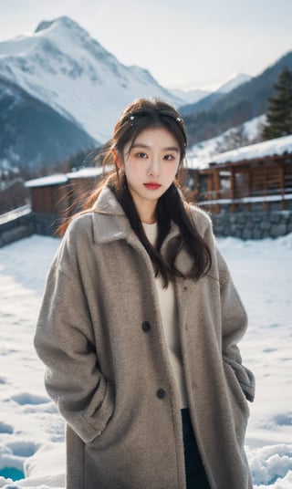 cute girl, winter jacket fashion, RAW photo, realistic, masterpiece, best quality, beautiful skin,
snowy mountains background, 50mm, medium full shot, ,goyoonjung, outdoor, photography