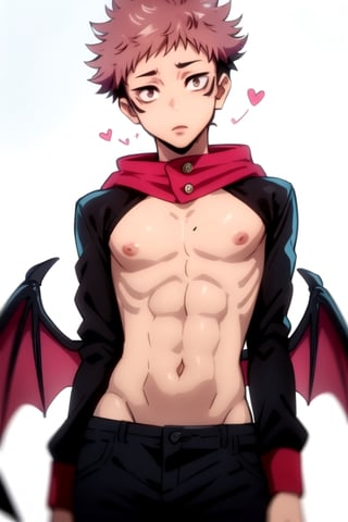 masterpiece, best quality, high quality, 1boy, solo, male focus, looking at viewer, itadori_yuuji, pink hair, undercut,itadori_yuuji,two horns on the head,demon version,demon tails,just wide black pants, bat wings behind the back.man,male,exposed chest,Male Focus,(brown eyes),(perfect eyes),(centered eyes)