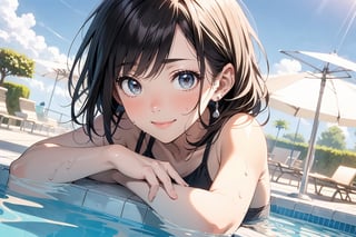 (colored pencil drawing)1.3,(official art)1.4,(sexy Girl)1.4,(wearing underwear)1.4,(sweat)1.4,(tanned skin)1.4,(untanned white skin)1.3,anime visual,(1girl),(stand at the pool side)1.4,resort hotel pool,summer,(fun,enjoy,smile)1.3,(resort hotel), ,daytime sun light,blue sky and white clouds,summer,(Gravure shooting scenery)1.3,,soft clean focus,soft clean focus, realistic lighting and shading, (an extremely delicate and beautiful art)1.3, elegant,active,dynamism pose