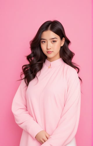 1girl, solo,The girl look at camera,

long wavy hair, black hair,

pink background,aotac