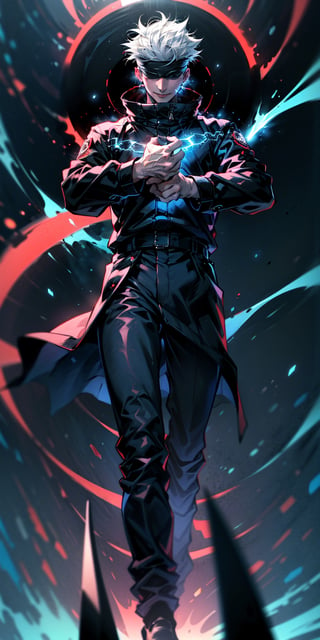 1boy, satoru gojo, blindfold, black outfit, white hair, battle pose (( red energy void in right hand,blue energy void in left hand)), smirk, red and blue moon background, wallpaper, cinematic,High resolution 8K, Bright light illumination, lens flare, sharpness, masterpiece, top-quality, The ultra -The high-definition, high resolution, extremely details CG, Anime style, Film Portrait Photography,masterpice,hyperdetail,Cursed energy,1 girl, body shot