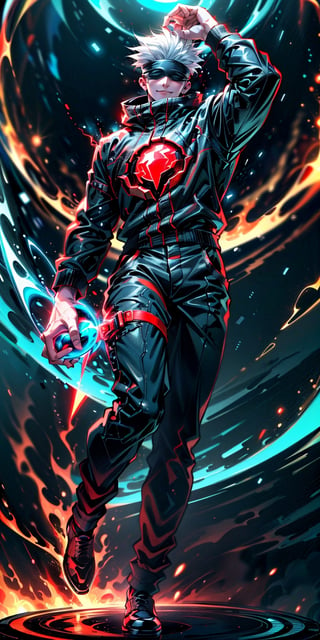 1boy, full body shot, perfect fingers, satoru gojo, blindfold, black outfit, white hair, use skill pose (( red energy void in right hand,blue energy void in left hand)), smirk, red and blue moon background, wallpaper, cinematic,High resolution 8K, Bright light illumination, lens flare, sharpness, masterpiece, top-quality, The ultra -The high-definition, high resolution, extremely details CG, Anime style, Film Portrait Photography,masterpice,hyperdetail