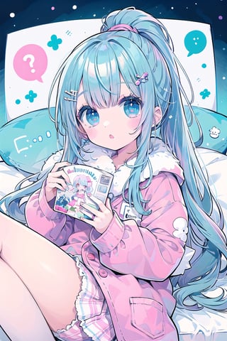 A half-full illustration like a storyboard, with irregular white space, a girl with pink and blue hair tied into a high ponytail, lying in bed reading comics on a cold winter night, wearing pajamas, soft pillows, fruit pillows, cute sticker decoration